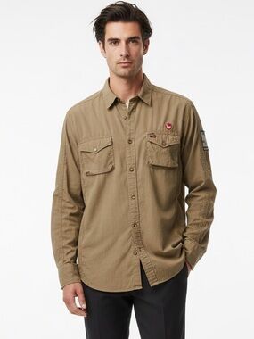 American Rag Cie Vintage Moto Shirt XL Khaki Apache Motorcycle Club Patch 1978